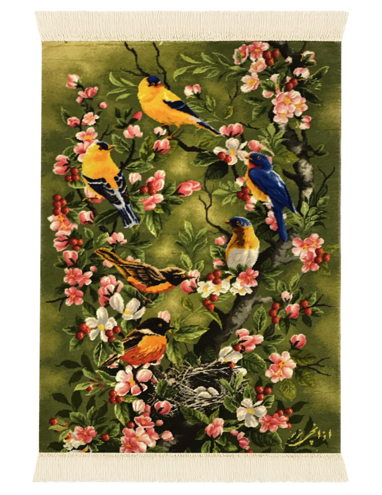Persian Silk Handwoven Tapestry – Birds & Blossom Design