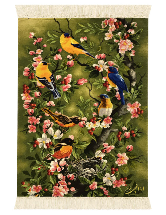 Persian Silk Handwoven Tapestry – Birds & Blossom Design