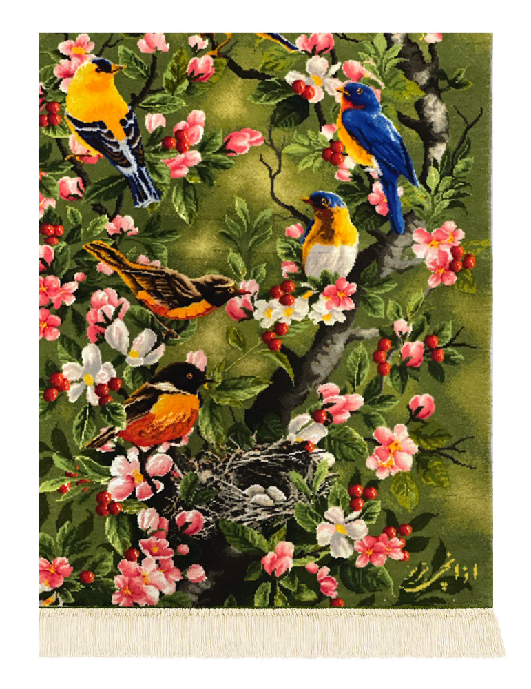 Persian Silk Handwoven Tapestry – Birds & Blossom Design