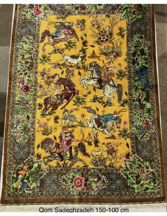 Golden Royal Hunt – Fine Qom Silk Rug