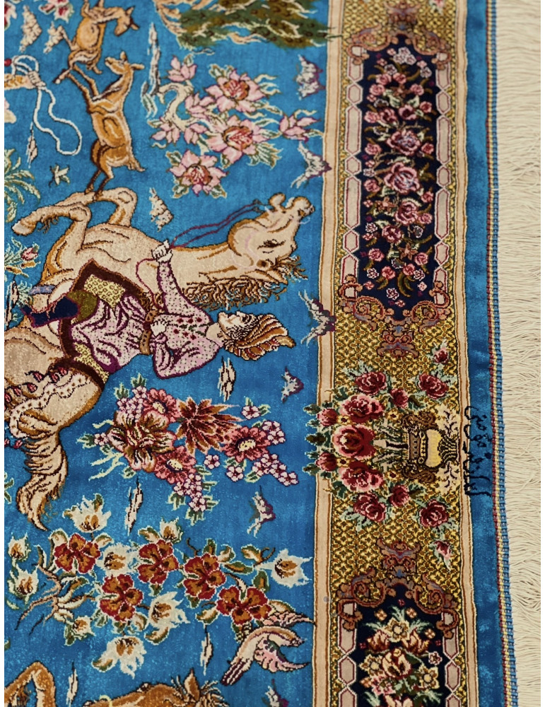 Turquoise Royal Hunt – Fine Qom Silk Rug