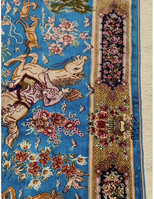 Turquoise Royal Hunt – Fine Qom Silk Rug