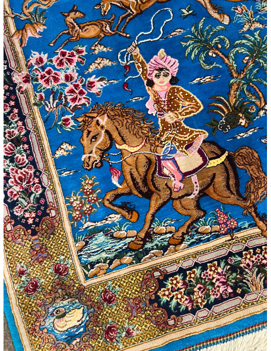 Turquoise Royal Hunt – Fine Qom Silk Rug