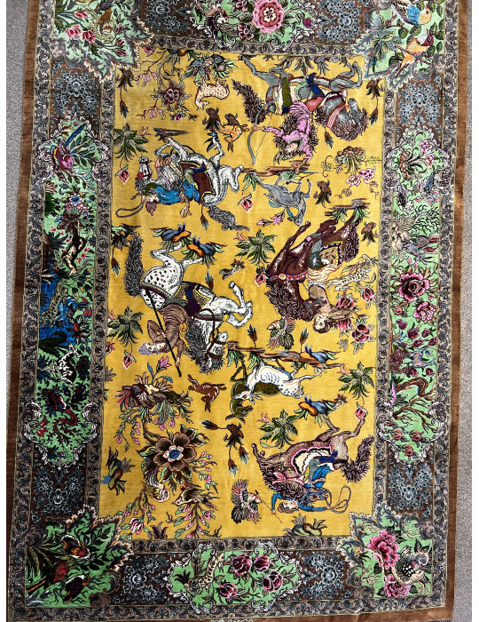 Golden Royal Hunt – Fine Qom Silk Rug
